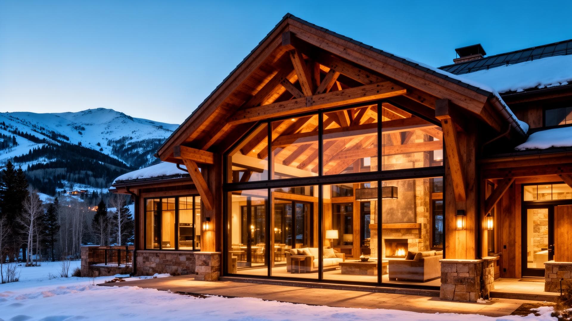 Luxury timber frame mountain home at dusk